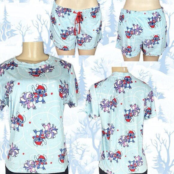 Disney XL Blue Lilo & Stitch Skating Graphic Velour Short Sleeve & Short PJ Set - Picture 1 of 10